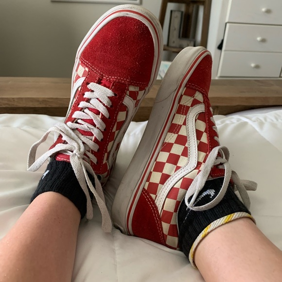 white checkered lace up vans